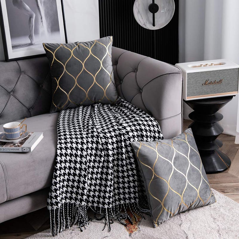 DEZENE Gold Velvet Throw Pillow Covers: 2 Pack 20x20 Inch Square Decorative Pillow Cases for Bedroom Sofa Couch Living Room, Light Grey - Image 4